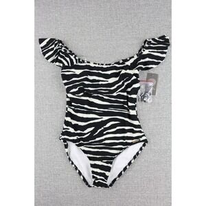 Vince Camuto Swim Ruffle  One-Piece Swimsuit Detachable Strap Zebra Striped Sz 6